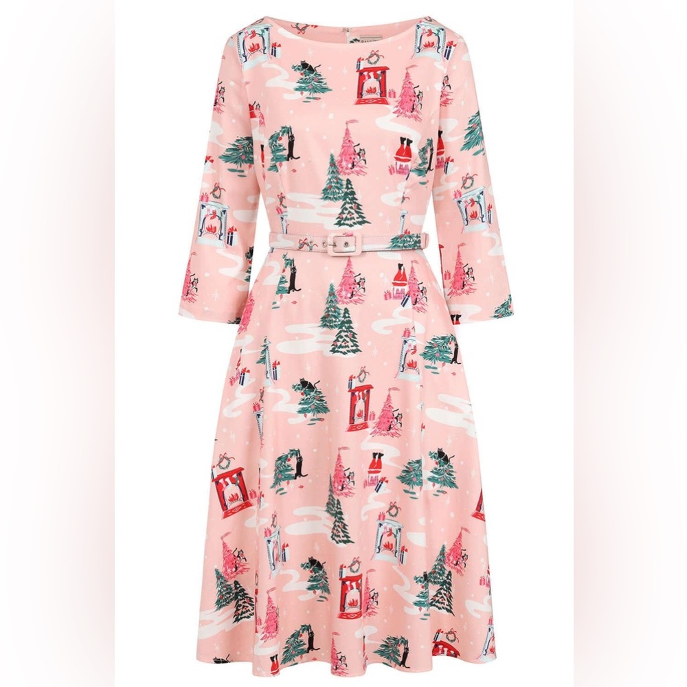 Unique Vintage Royal Monk Pink Kitschy Christmas Holiday Print Retro Dress